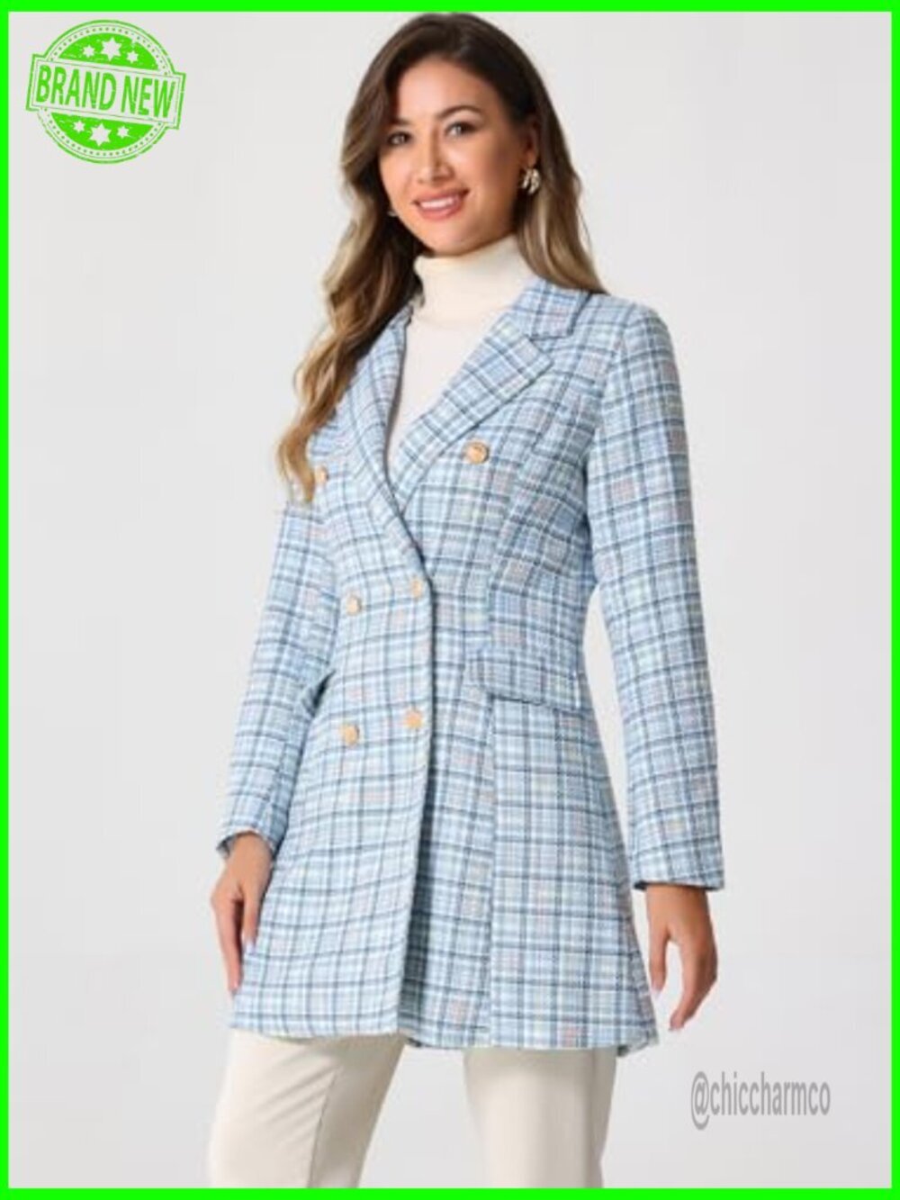 Double Breasted Tweed Blazer Plaid Notched Lapel Long Jacket - Picture 2 of 5